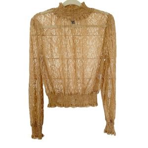 Windsor M Tan Sheer Floral Lace Smocked Mock Neck Long Sleeve Layering Top